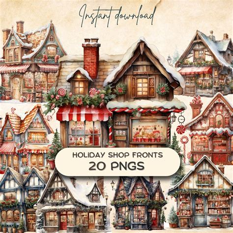 Christmas Village Shop Fronts 20 Pngs Holiday Season Clipart Mini