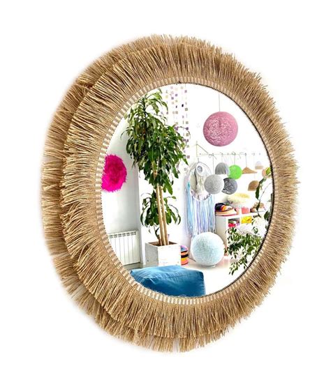 Miroir décoratif rond en corde de jute et fibres naturelles style