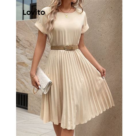 Lovito Vestido Elegante Liso Plissado Para Mulheres Lbl Shopee