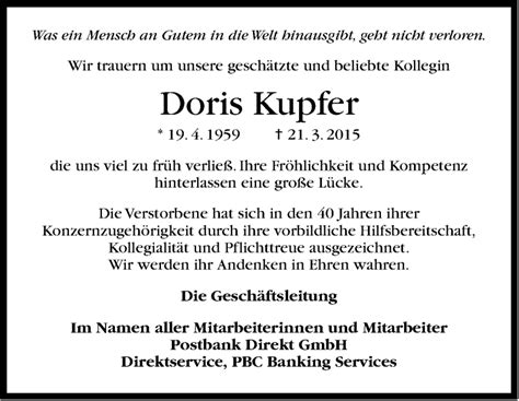 Traueranzeigen Von Doris Kupfer Stuttgart Gedenkt De