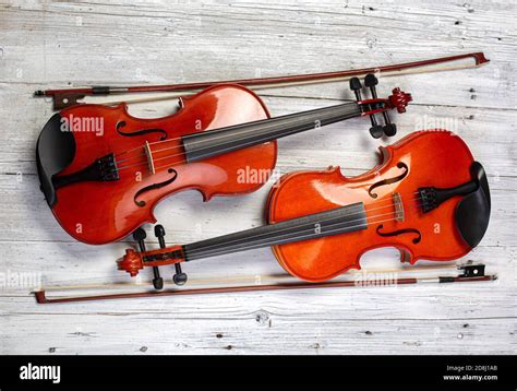 Classic Violin And Bow On White Wooden Background Musical Instrument