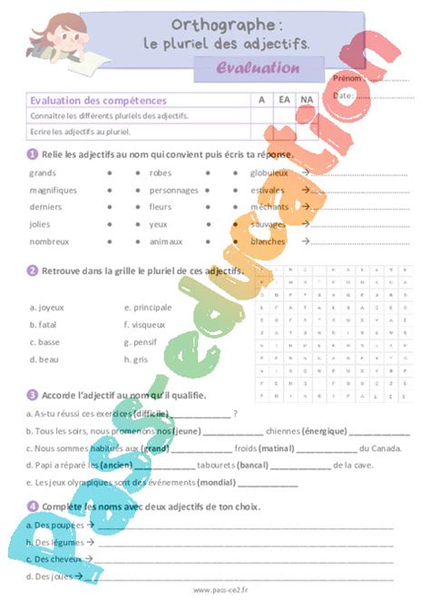 Le Pluriel Des Adjectifs Valuation D Orthographe Eme Primaire