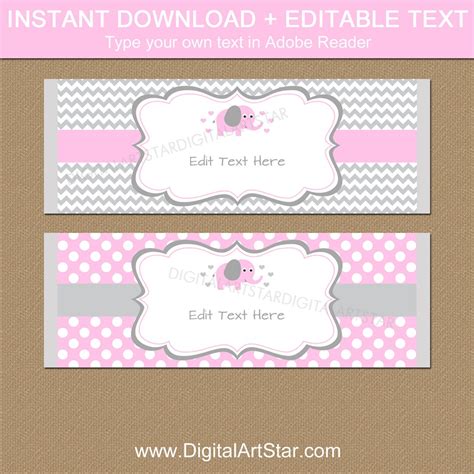 Pink Elephant Candy Bar Wrappers Pink And Grey Elephant Baby Shower