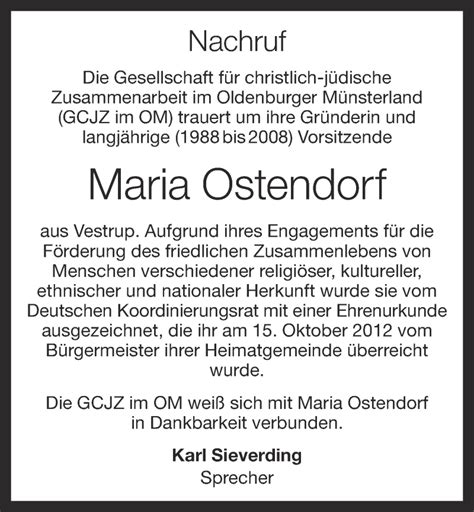 Traueranzeigen Von Maria Ostendorf Om Trauer De