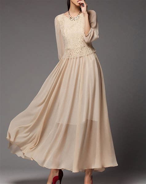 Classic Beige Paneled Chiffon A Line 3 4 Sleeve Maxi Dress Shop Maxi