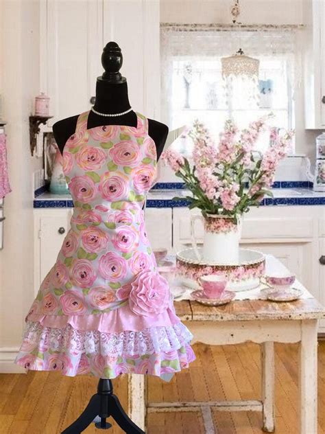 Womens Flirty Retro Pink Floral Apron Frilly Apron With Etsy