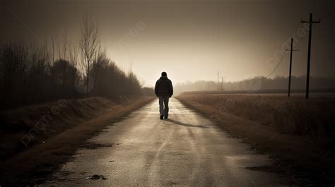 Man Is Walking Along The Road In A Lonely Countryside Background Walk