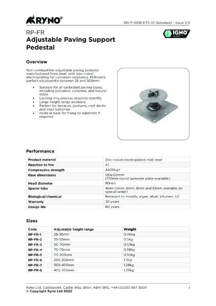 Rp Fr Paving Pedestal Datasheet Ryno Nbs Source