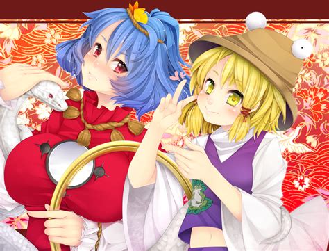 Blonde Hair Blue Hair Dress Moriya Suwako Red Eyes Serizawa Mutsuki Touhou Yasaka Kanako Yellow
