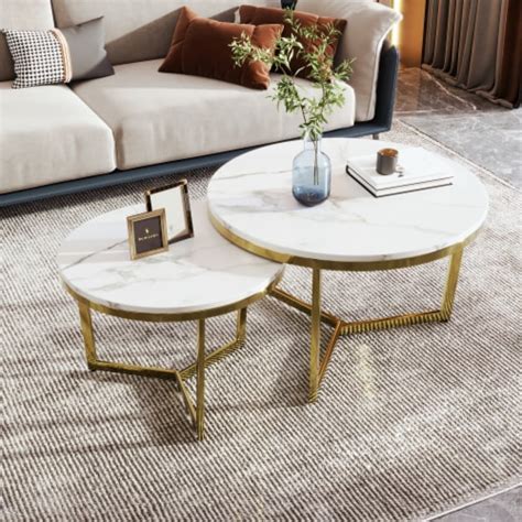 Simplie Fun Modern Round Nesting Coffee Table Set 2 Piece White And Marbling Top Gold Base 1