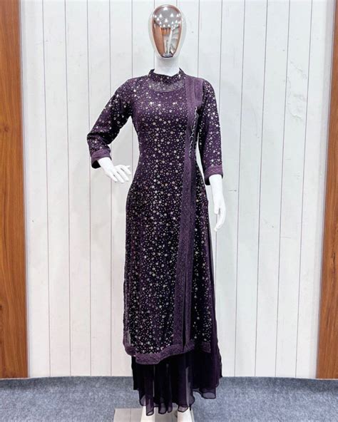 Wine Pure Georgette Sequence Work Party Wear Long Palazo Suit