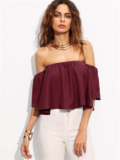 Burgundy Shirred Off The Shoulder Topfor Women Romwe