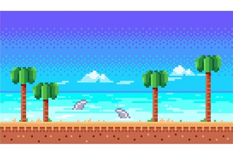 Summer ocean beach pixel art landscape for arcade game