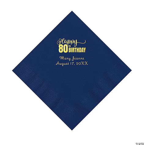 Navy Blue 80th Birthday Personalized Napkins With Gold Foil 50 Pc