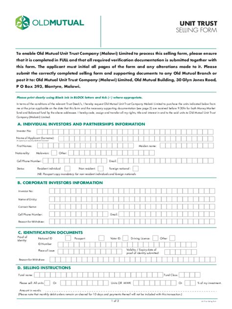 Fillable Online OLD MUTUAL UNIT TRUSTS SELLING FORM ENTITIES Fax Email