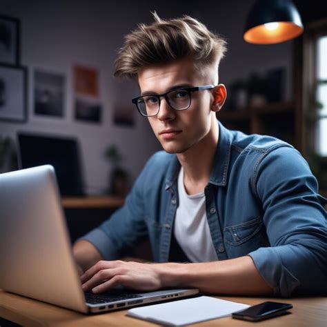 Premium Photo Portrait Of Handsome Young Man In Glasses Working On