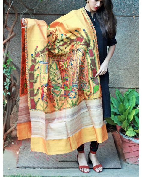 Madhubani Hand Painted Tussar Silk Dupatta By Arts Of India The