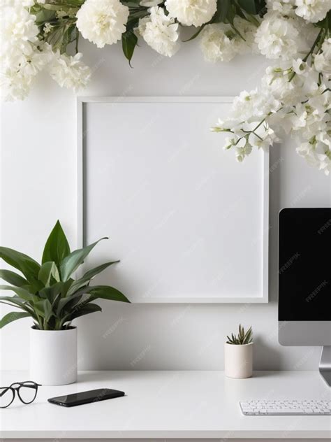 Premium Photo | A minimalist workspace with a white floral arrangement