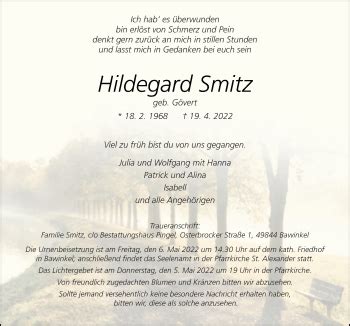 Traueranzeigen Von Hildegard Smitz Noz Trauerportal