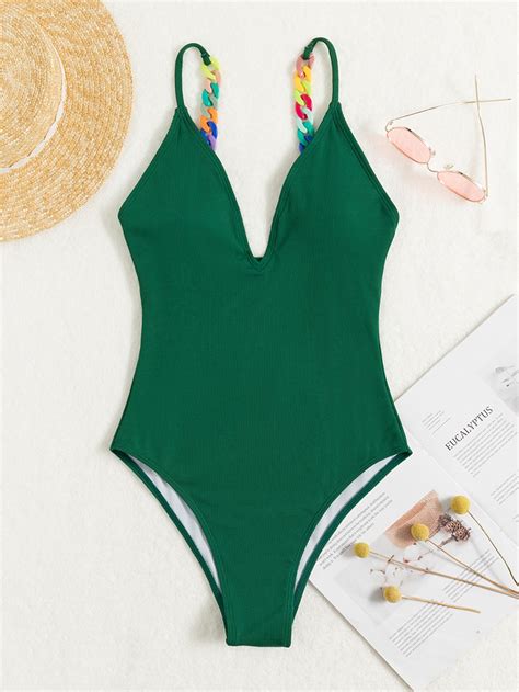 Rib Colorful Chain Linked One Piece Swimsuit Shein Usa