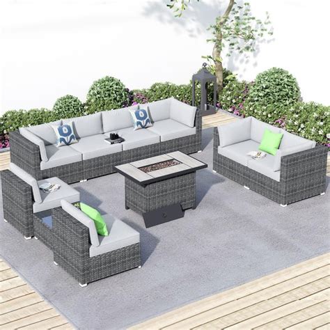 HOOOWOOO Messi Grey 10 Piece Wicker Outdoor Patio Fire Pit Conversation