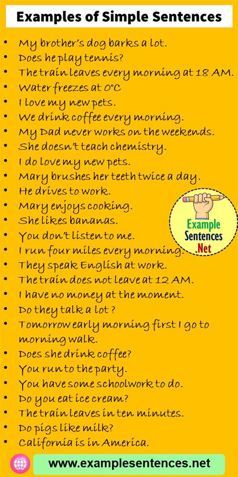 a yellow poster with the words examples of simple sentences