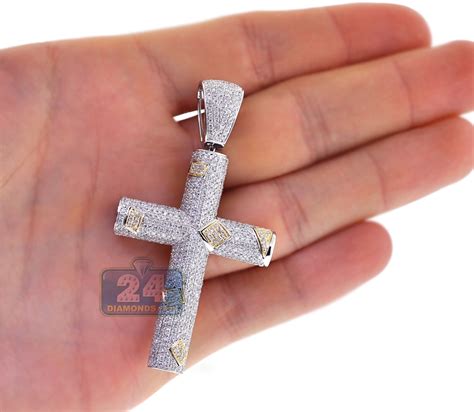 Mens Diamond Pave Religious Cross Pendant 14k White Gold 453ct