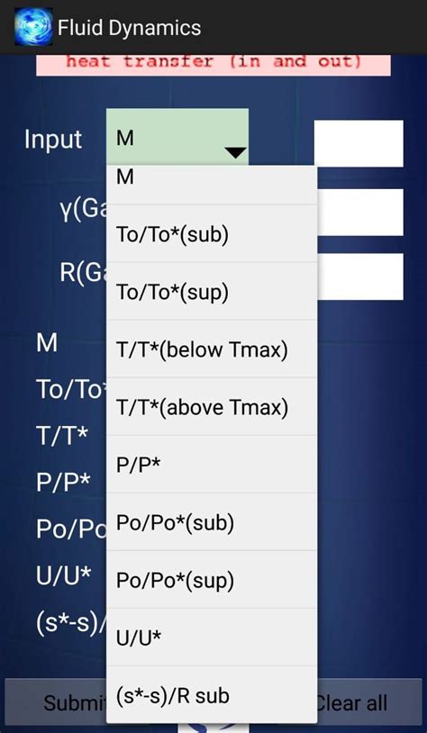 Possible Inputs In Android App For Rayleigh Flow Relations