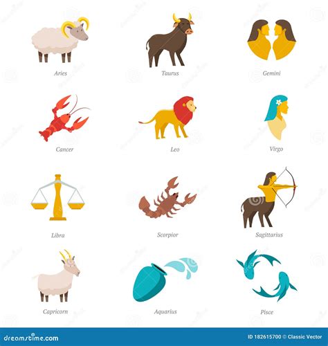 Twelve Zodiac Signs Flat Vector Illustrations Set Stock Vector