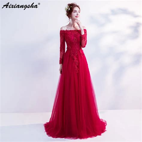 Cheap Long Red Prom Dresses 2018 Lace Boat Neck 34 Sleeves Zipper Vestido Longo Prom Dress