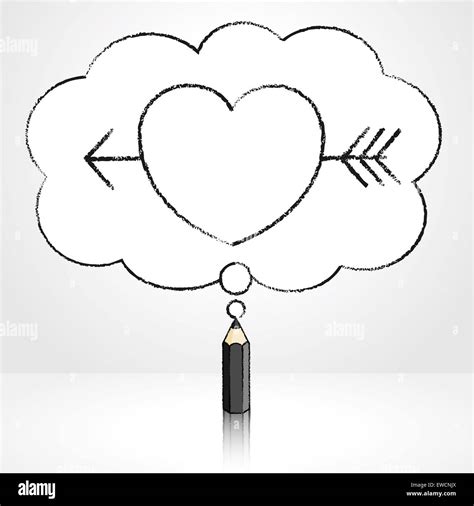 Black Pencil with Reflection Drawing Cupid's Arrow through Heart Icon in Fluffy Cloud Shaped ...