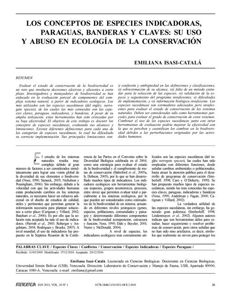 Especies Indicadoras Evaluar el estado de conservación de la