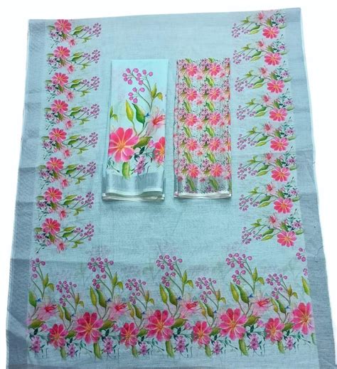 Printed Sky Blue Base Casual Wear Cotton Linen Mekhela Chadar At Rs