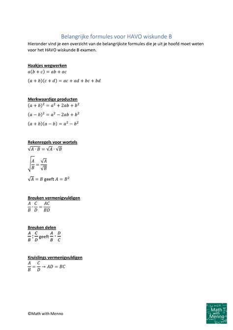 Wiskunde Belangrijke Formules Voor HAVO Wiskunde B Hieronder Vind Je