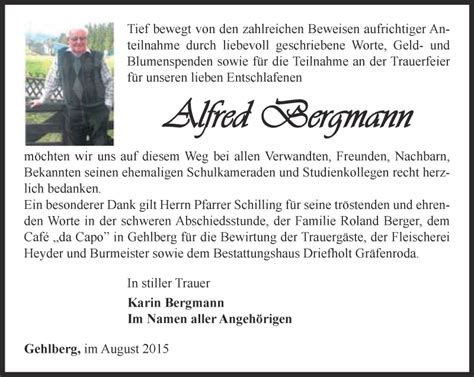 Traueranzeigen Von Alfred Bergmann Trauer In Thueringen De