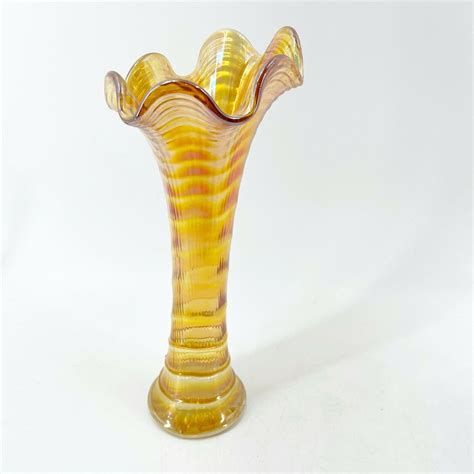 Vintage Imperial Carnival Glass Ripple Swung Vase 10 Iridescent Orange Marigold 3855938688