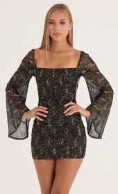 Korra Mesh Sequin Flare Sleeve Dress In Black Lucy In The Sky