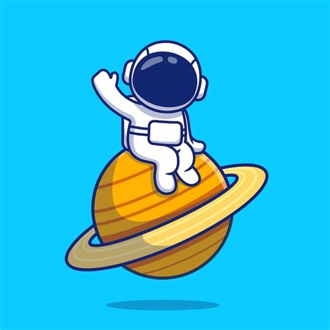 Astronauta bonito sentado no planeta acenando a ilustração dos desenhos