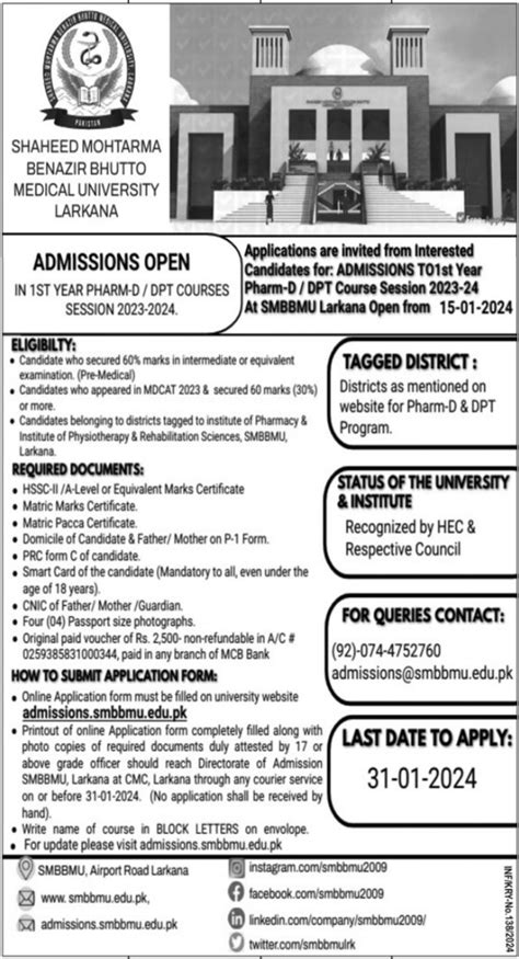 Pharm D And Dpt Classes Admissions At Benazir Bhutto Medical University