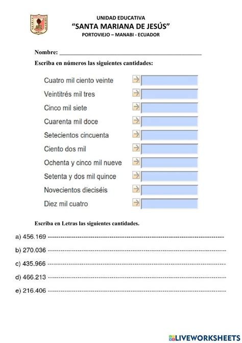 Ejercicio de Lectura y escritura de números naturales de hasta seis