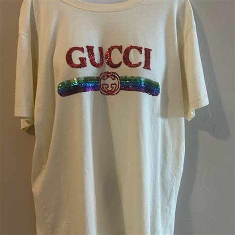 Gucci Tops Gucci Creme Tshirt With Beaded Logo Authentic Made In Italy Size M Poshmark