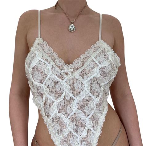 90s Rare Vintage White Floral Lace Bodysuit M L Gem