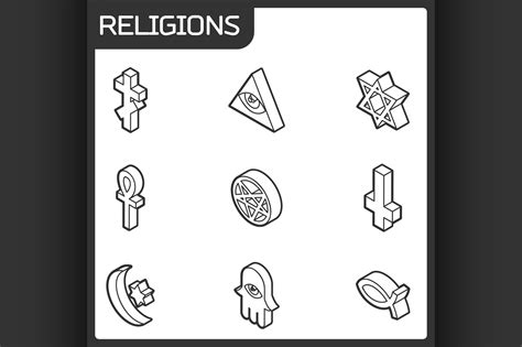 Religions Outline Isometric Icons By Netkoff Thehungryjpeg