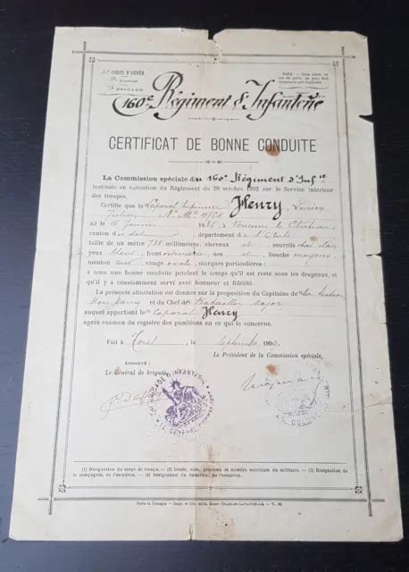 Certificat De Bonne Conduite Soldat Du E R Giment D Infanterie Eur