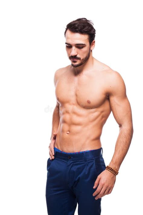 Handsome Adult Man With Healthy Athletic Body Half Naked On White