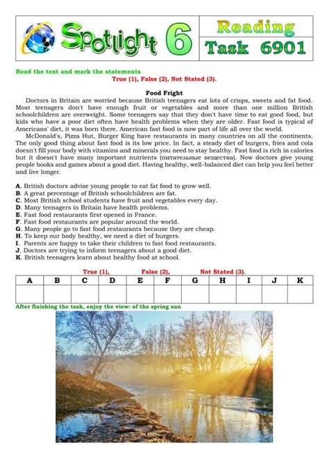 Spotlight 6 Task 6901 worksheet | Esl reading comprehension, Reading ...