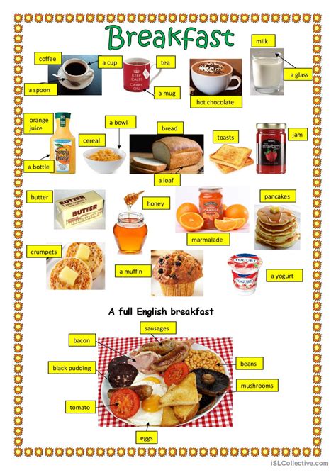 Breakfast dictionnaire visuel ou tâ Français FLE fiches pedagogiques