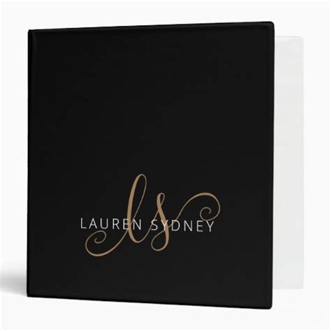 Modern Black Gold Feminine Script Monogrammed 3 Ring Binder Zazzle