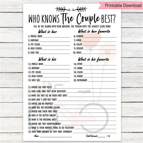 Who Knows The Couple Best Game A Sweet Couple Trivia Game Etsy