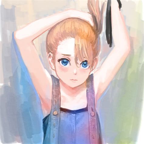 Safebooru 1girl Armpits Arms Up Bare Shoulders Black Camisole Black Ribbon Blue Eyes Blush